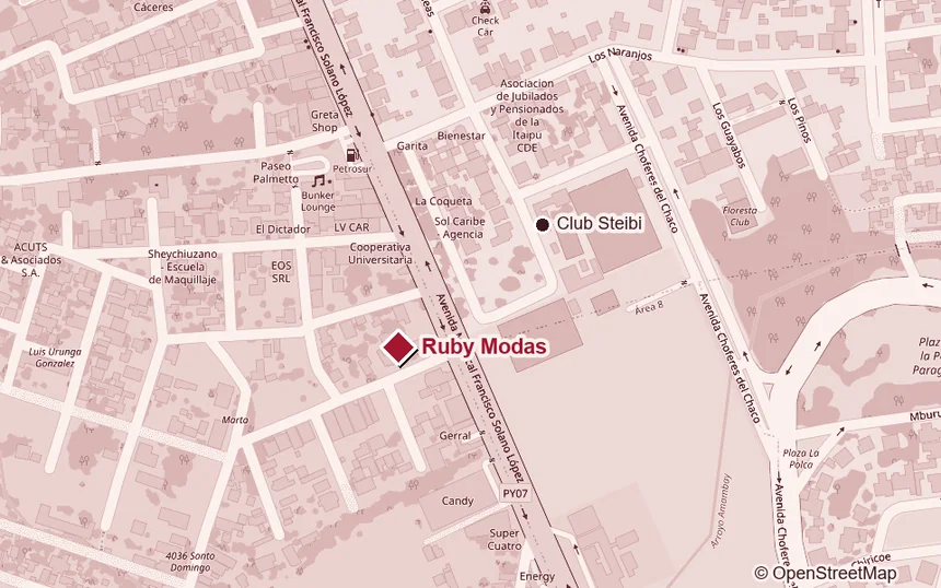 Mapa: Ruby Modas sobre la Avenida Mariscal Francisco Solano López, del otro lado del Club Steibi
